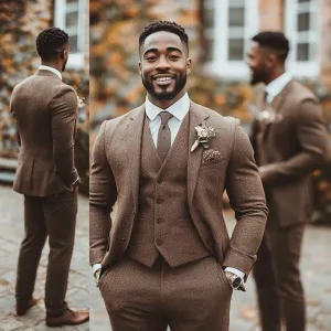 Men’s Retro-Inspired Brown Wool Three-Piece Suit with Notch Lapel – Vintage 90s Style