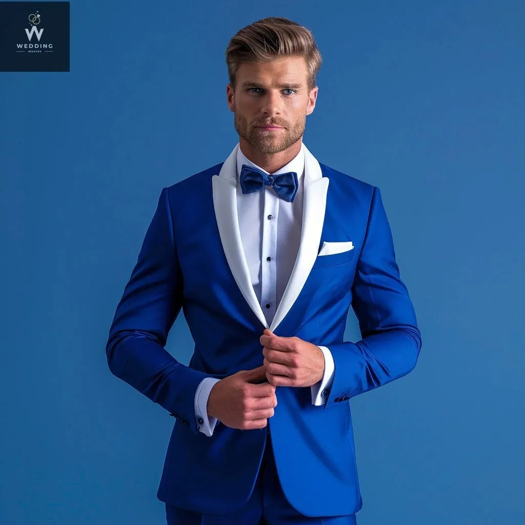 Men's Stylish Blue Tuxedo Suit – Blue & White Bespoke Wedding Attire, Custom Tailored Suits