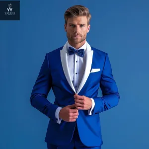 Men's Stylish Blue Tuxedo Suit – Blue & White Bespoke Wedding Attire, Custom Tailored Suits
