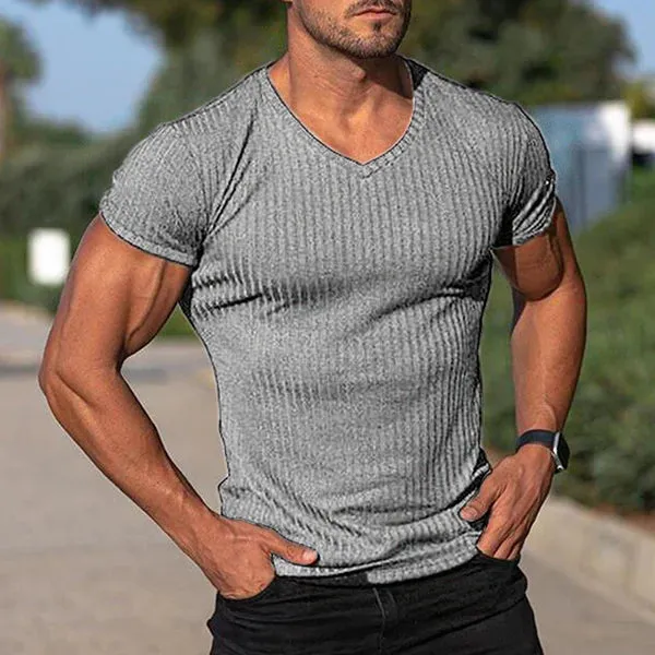 MEN'S V NECK SHORT SLEEVE STRIPED T-SHIRT