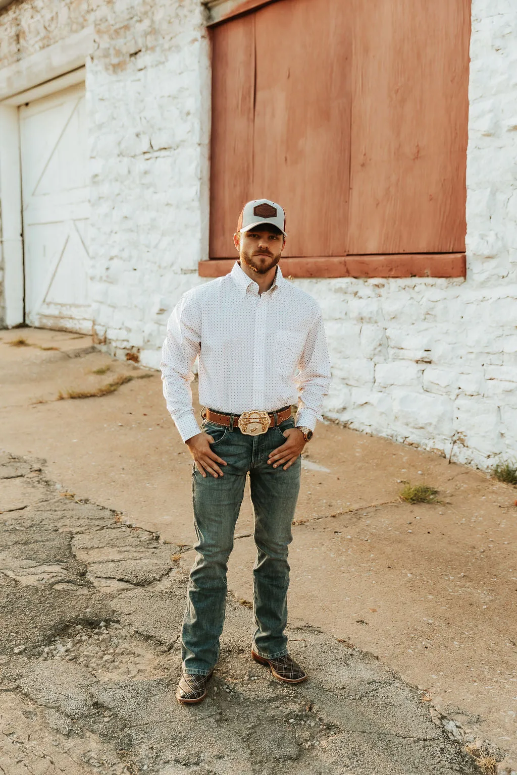 Men's White Button up- red & gold detail