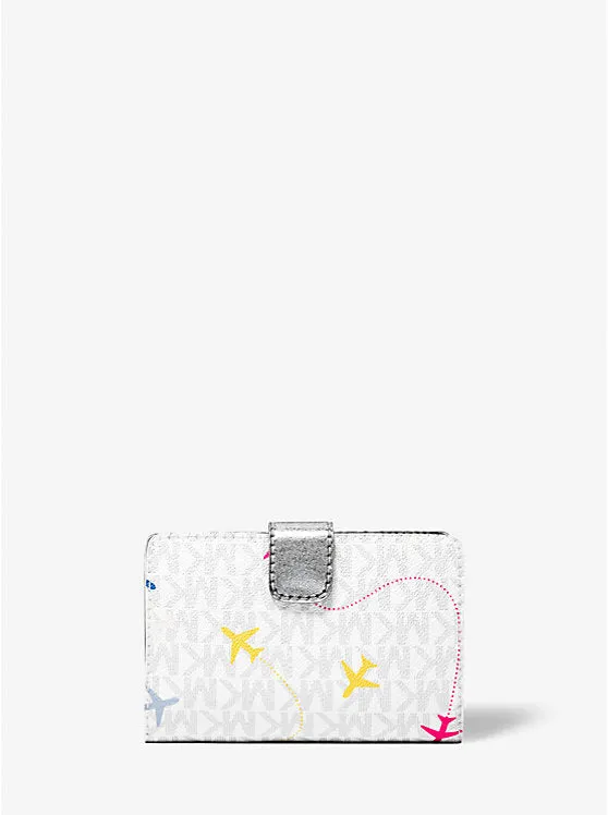 Micheal Kors Jet Set Travel Medium Printed Signature Logo Bi-Fold Wallet Optic White