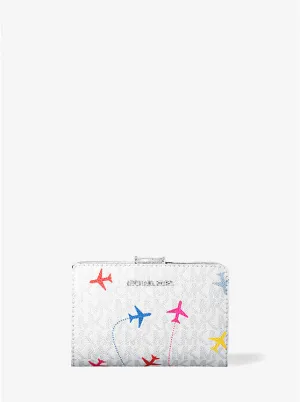 Micheal Kors Jet Set Travel Medium Printed Signature Logo Bi-Fold Wallet Optic White