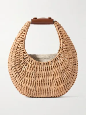 Mini Moon leather-embellished raffia shoulder bag