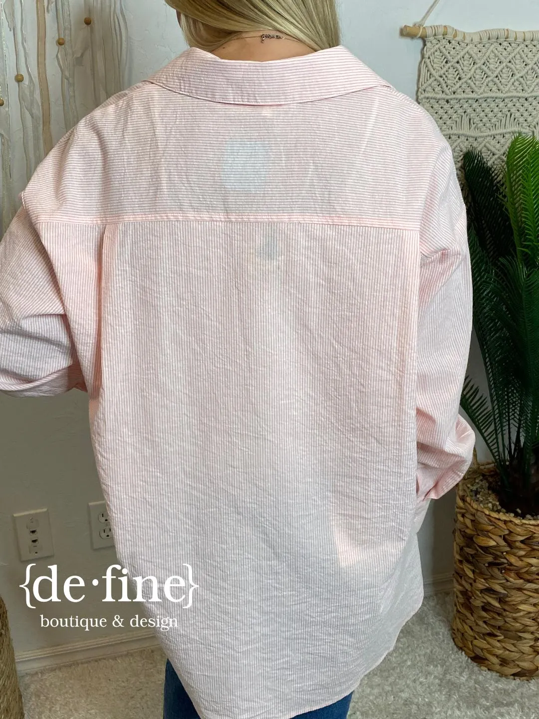 Mini Stripe Oversized Button Up Top in 2 Coral or Khaki