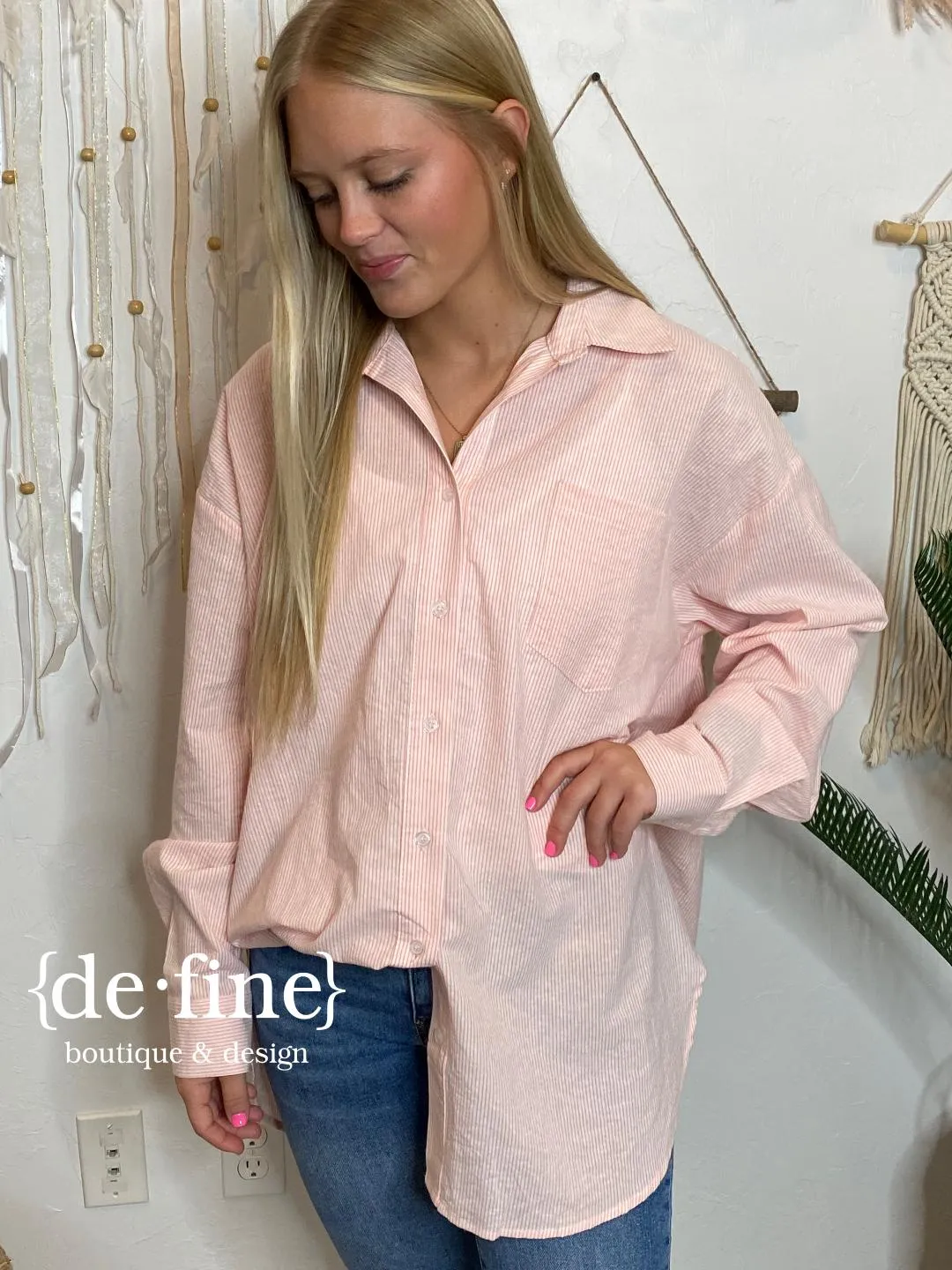 Mini Stripe Oversized Button Up Top in 2 Coral or Khaki