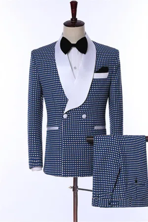 Modern Navy Blue Dot Shawl Lapel Wedding Suit for Men