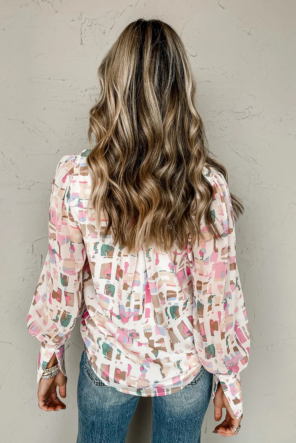 Multicolor Abstract Print Lantern Sleeve Button-Down Shirt