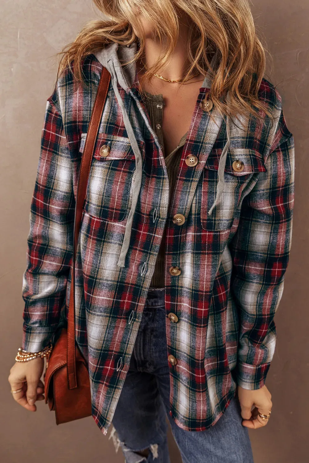 Natalia Drawstring Plaid Button Up Hooded Shacket