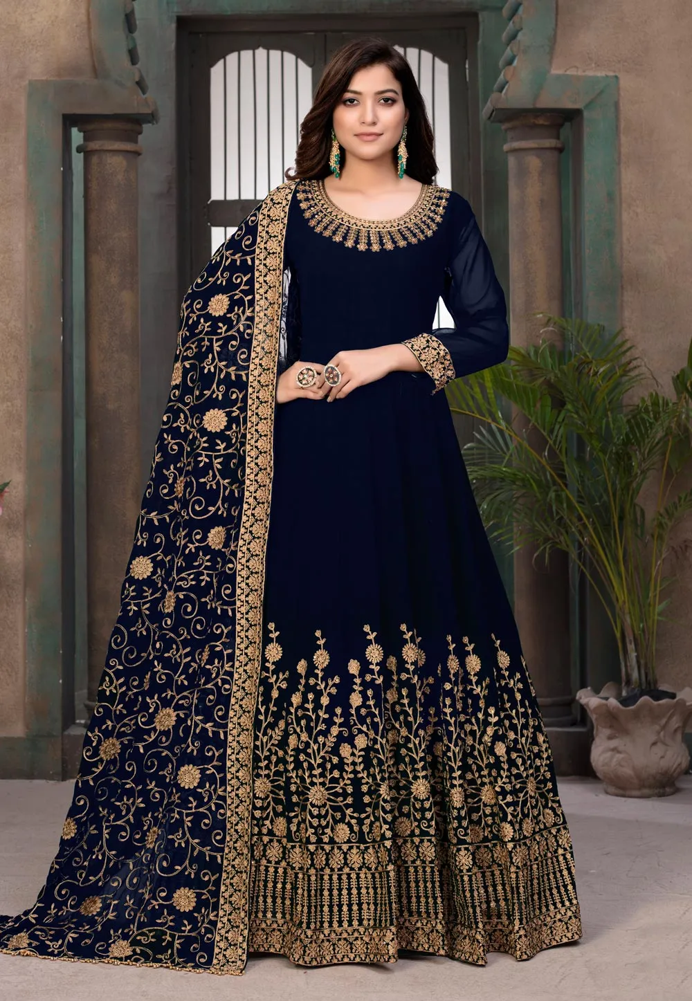 Navy Blue Embroidered Wedding Anarkali Suit