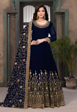 Navy Blue Embroidered Wedding Anarkali Suit