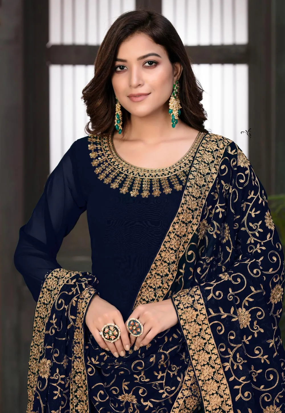 Navy Blue Embroidered Wedding Anarkali Suit