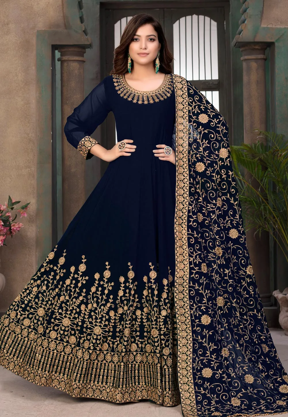 Navy Blue Embroidered Wedding Anarkali Suit