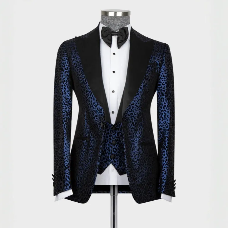 Navy Blue Peaked Lapel Three Pieces Prom Suits Patterned Glitter Tuxedo