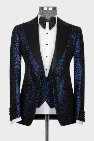 Navy Blue Peaked Lapel Three Pieces Prom Suits Patterned Glitter Tuxedo