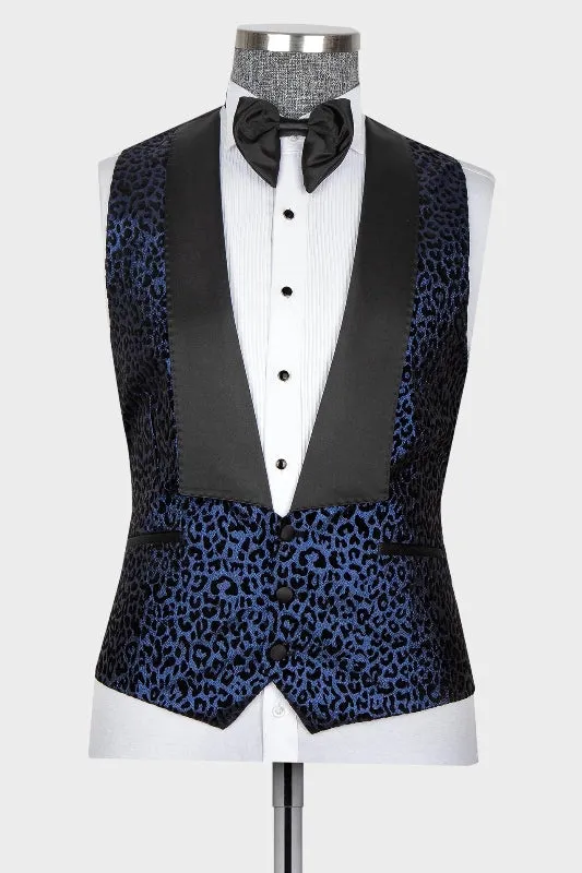Navy Blue Peaked Lapel Three Pieces Prom Suits Patterned Glitter Tuxedo