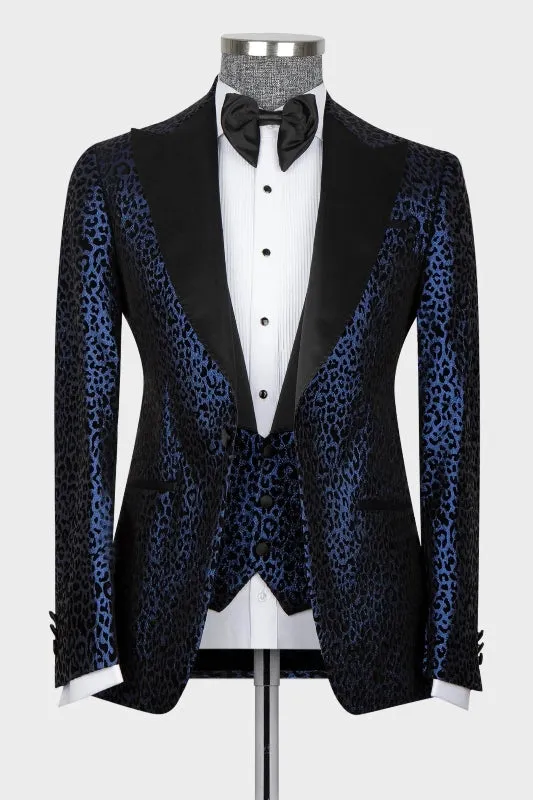 Navy Blue Peaked Lapel Three Pieces Prom Suits Patterned Glitter Tuxedo