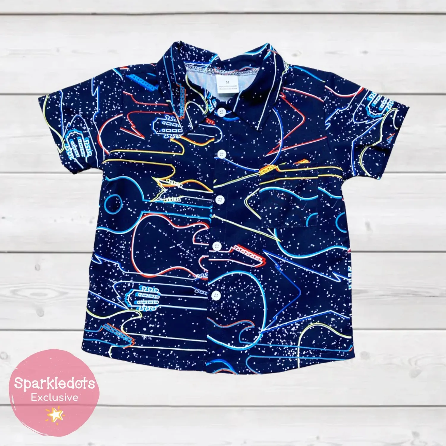 Neon Guitars in Outer Space Woven Button Down