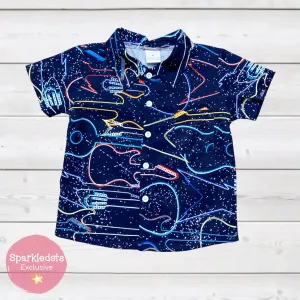 Neon Guitars in Outer Space Woven Button Down