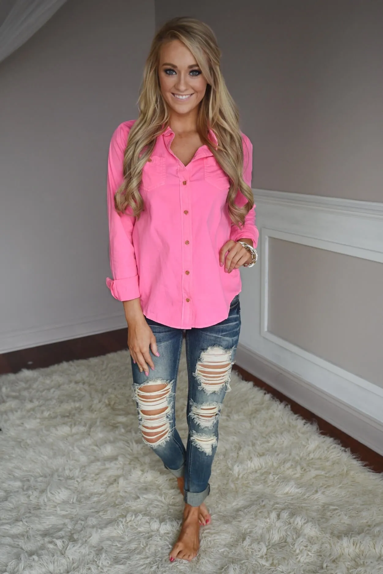 Neon Pink Button Up