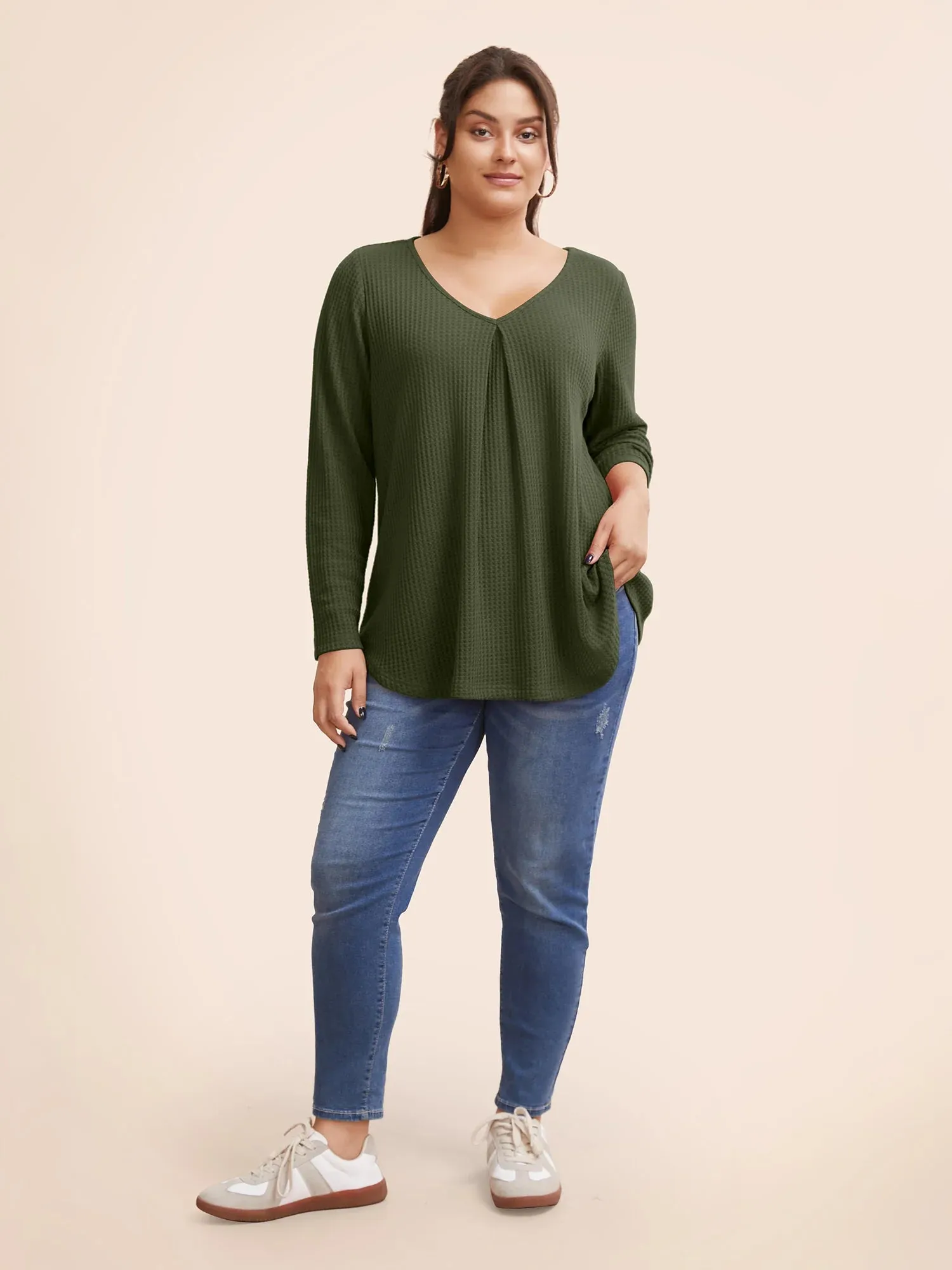 NEW Bloomchic Plain Waffle Knit Scoop Neck Plicated Detail T-shirt, Dark Green, PLUS Sz 28