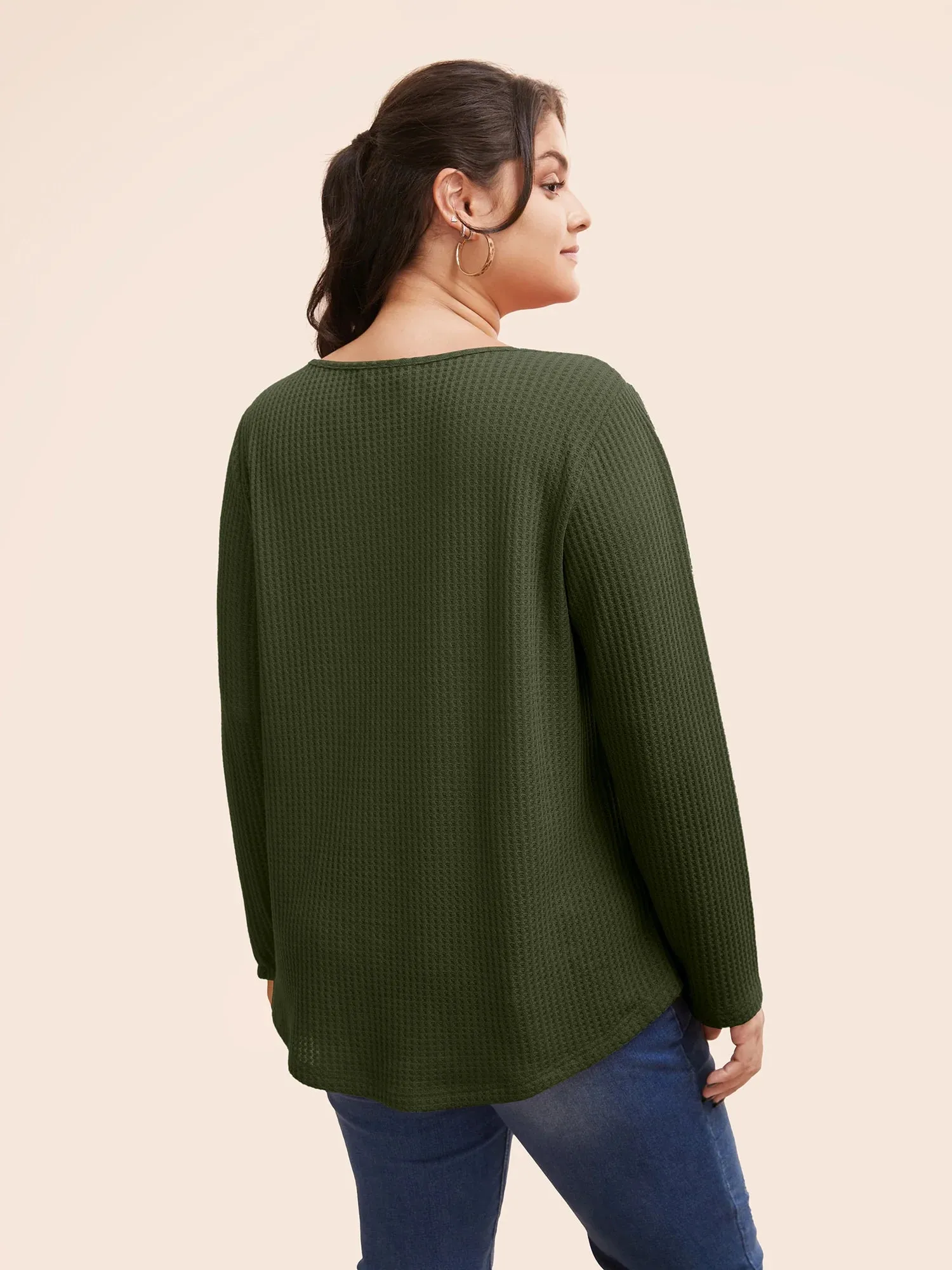 NEW Bloomchic Plain Waffle Knit Scoop Neck Plicated Detail T-shirt, Dark Green, PLUS Sz 28