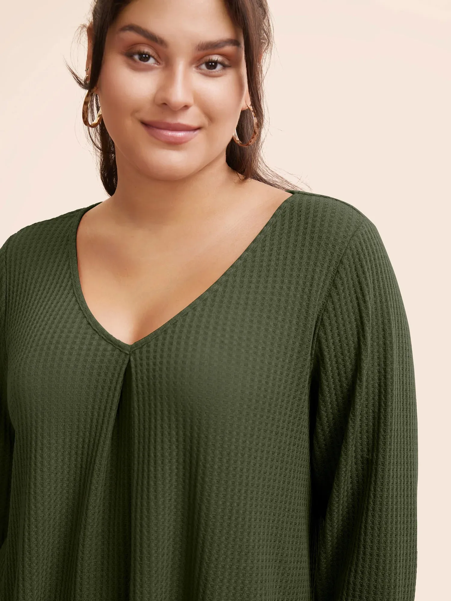 NEW Bloomchic Plain Waffle Knit Scoop Neck Plicated Detail T-shirt, Dark Green, PLUS Sz 28