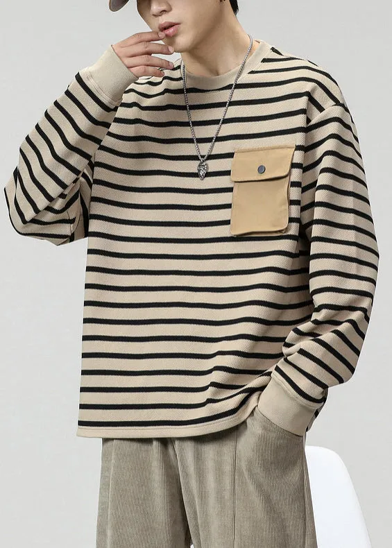 O T Striped Men Cotton Pockets Neck Spring Shirts Khaki