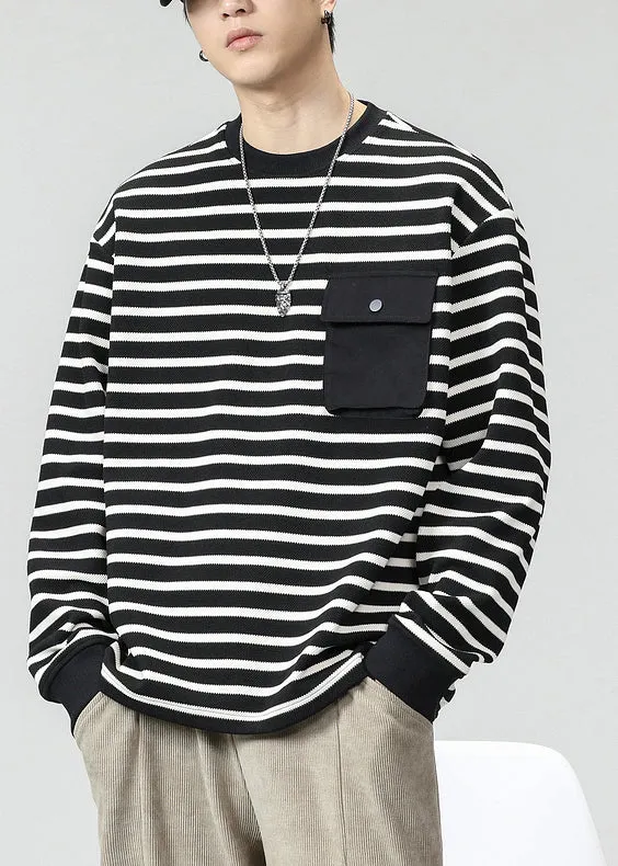 O T Striped Men Cotton Pockets Neck Spring Shirts Khaki