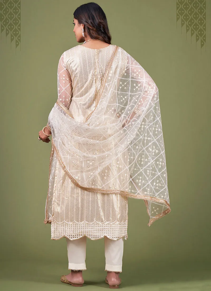 Off White Sequence Embroidery Net Pant Style Suit