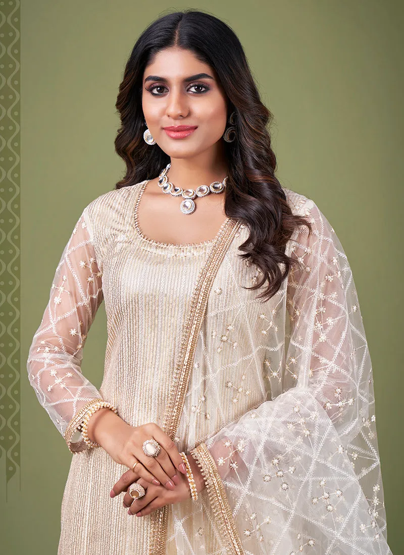 Off White Sequence Embroidery Net Pant Style Suit