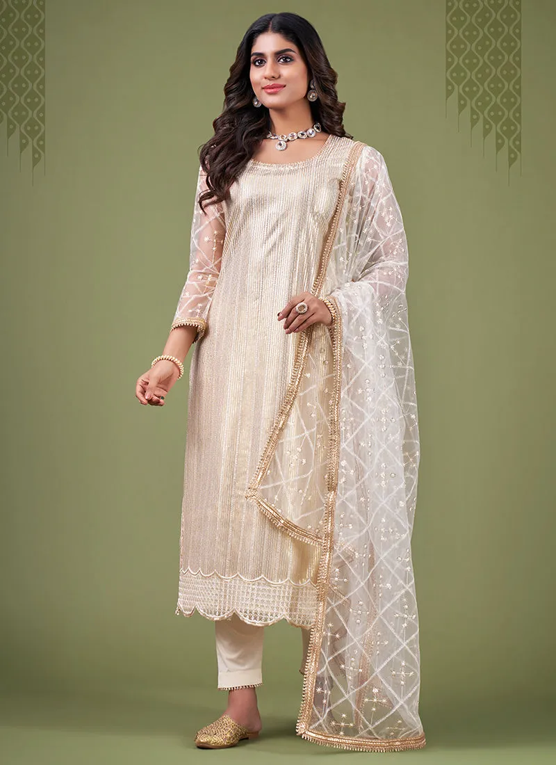 Off White Sequence Embroidery Net Pant Style Suit