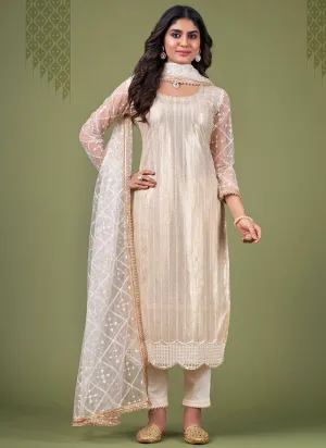 Off White Sequence Embroidery Net Pant Style Suit
