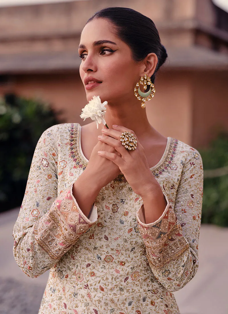 Off White Thread And Sequence Embroidery Anarkali Gown
