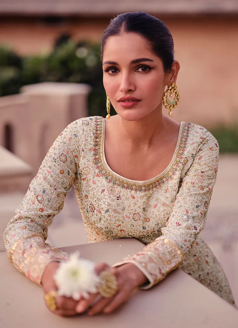 Off White Thread And Sequence Embroidery Anarkali Gown
