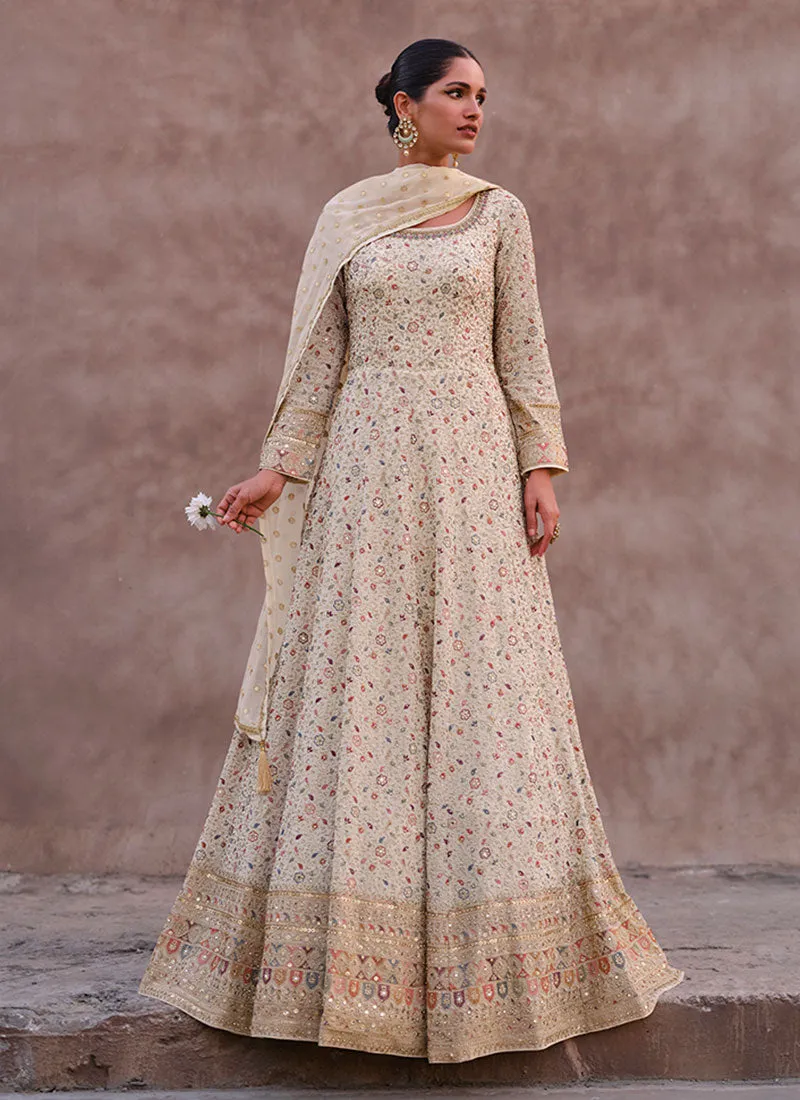Off White Thread And Sequence Embroidery Anarkali Gown