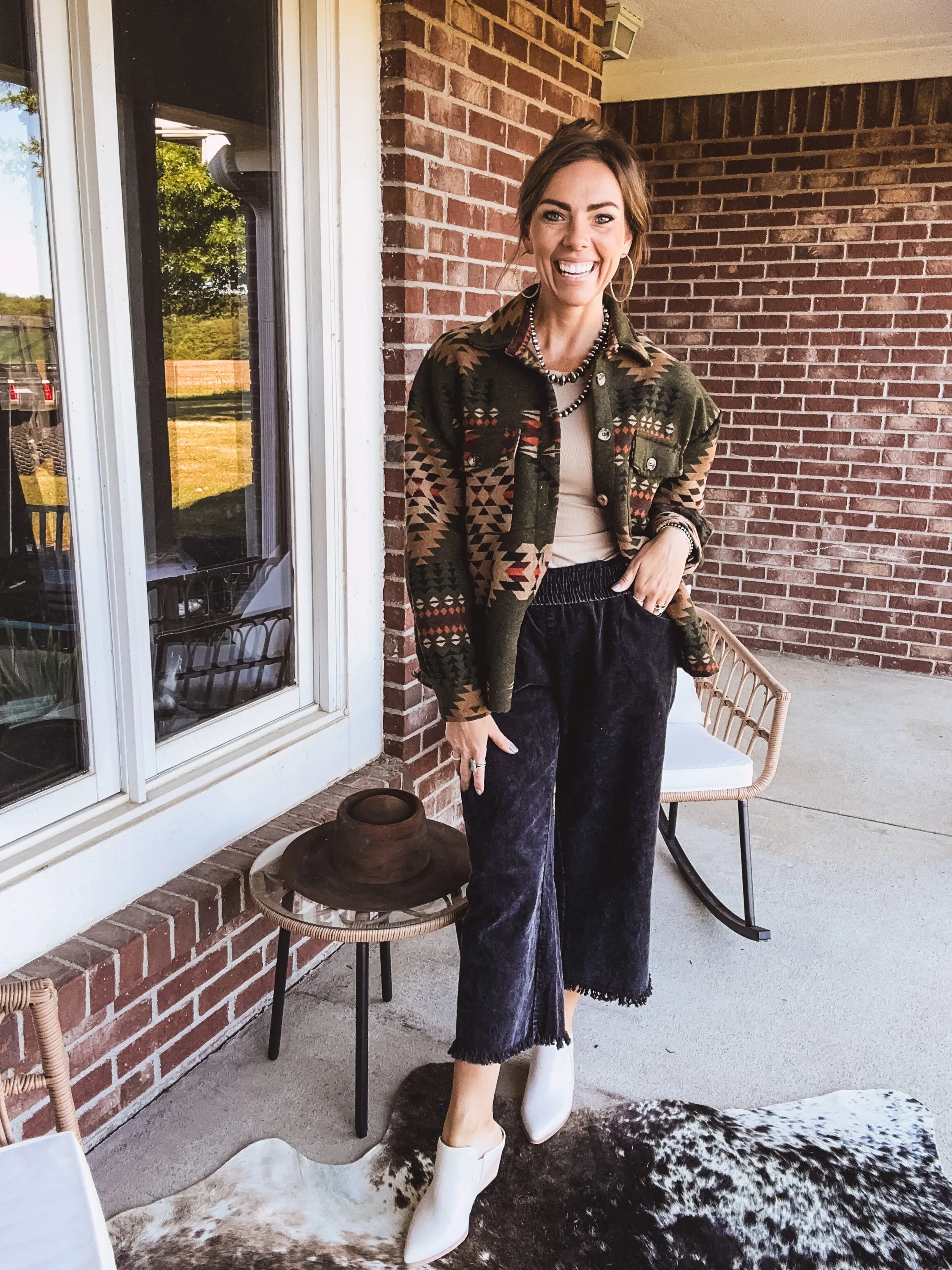 Olive Aztec Button Down Shacket