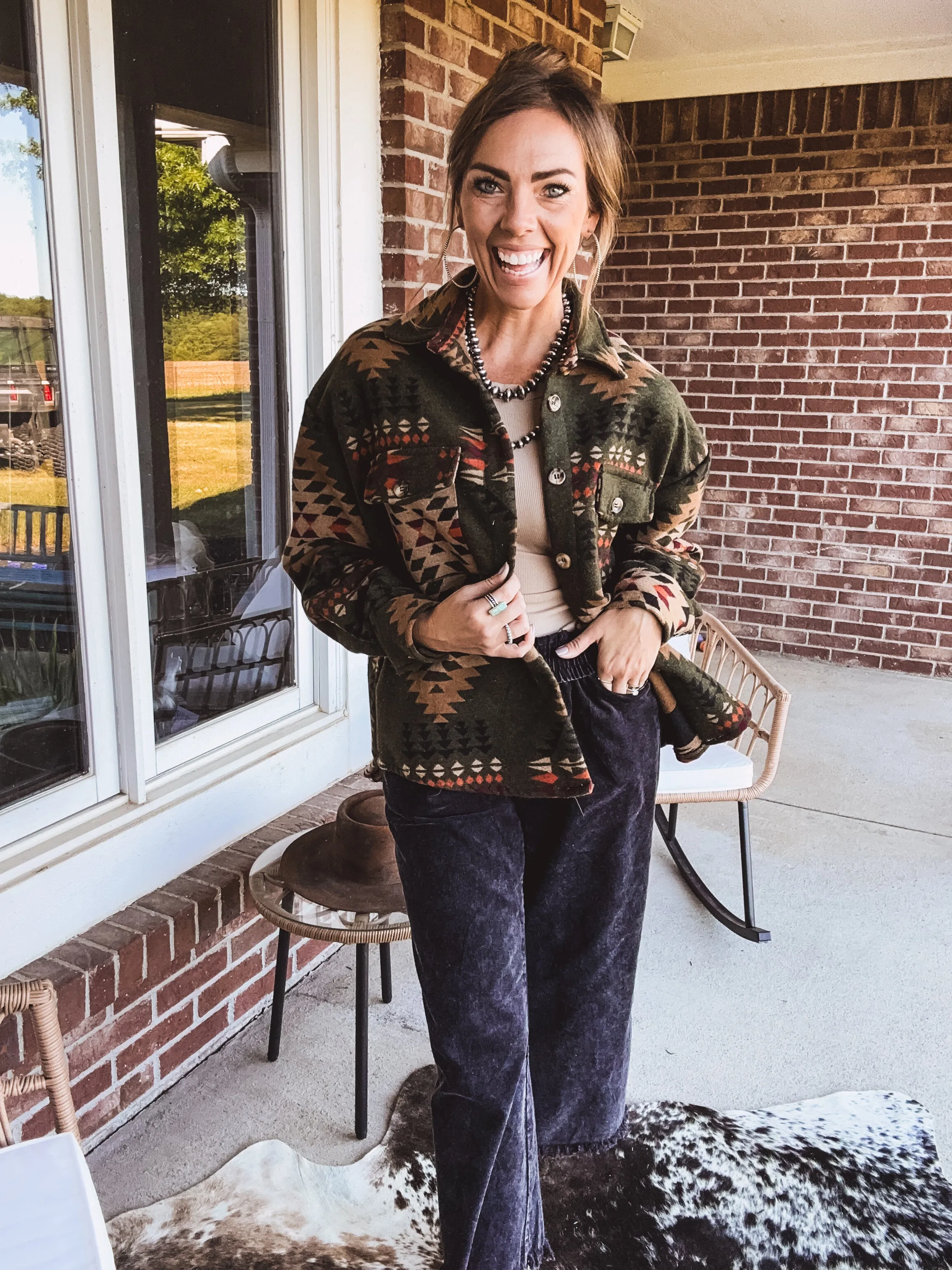 Olive Aztec Button Down Shacket