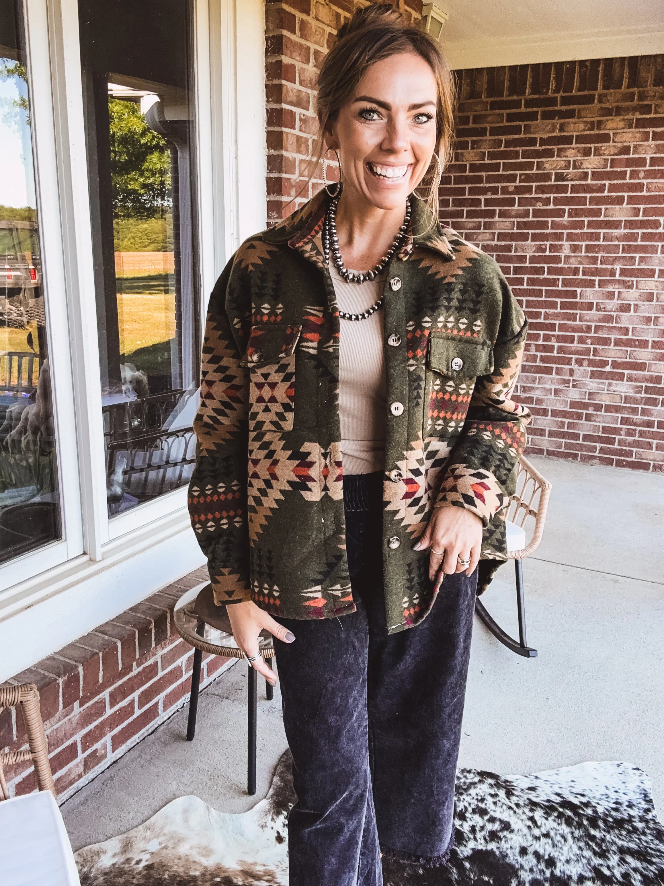Olive Aztec Button Down Shacket