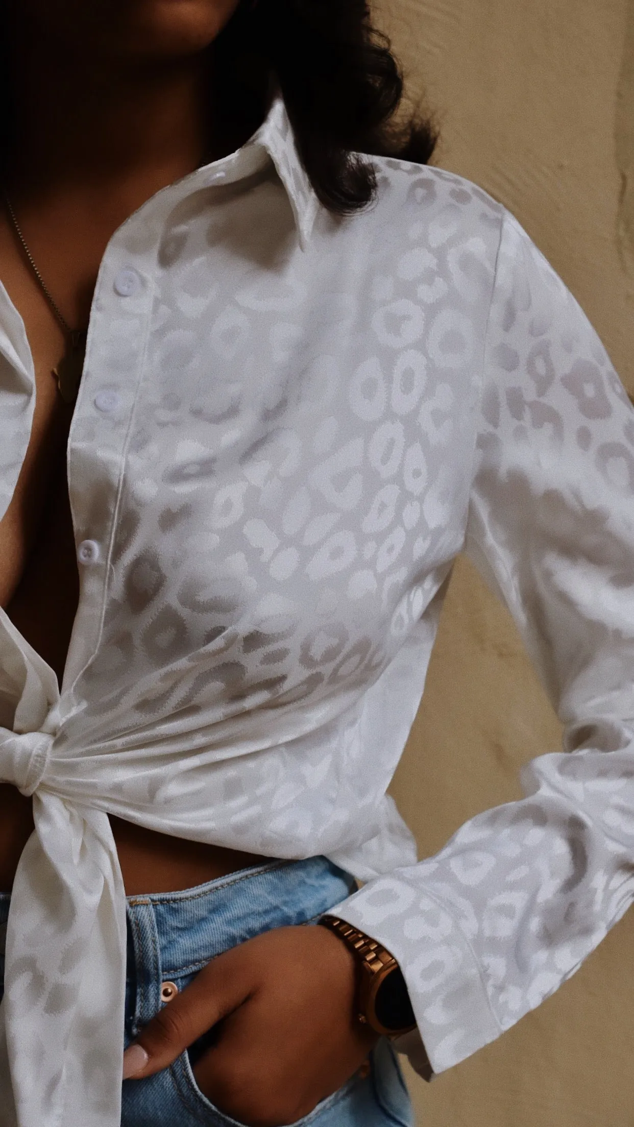 On The Prowl | Satin Leopard Button Down (White)