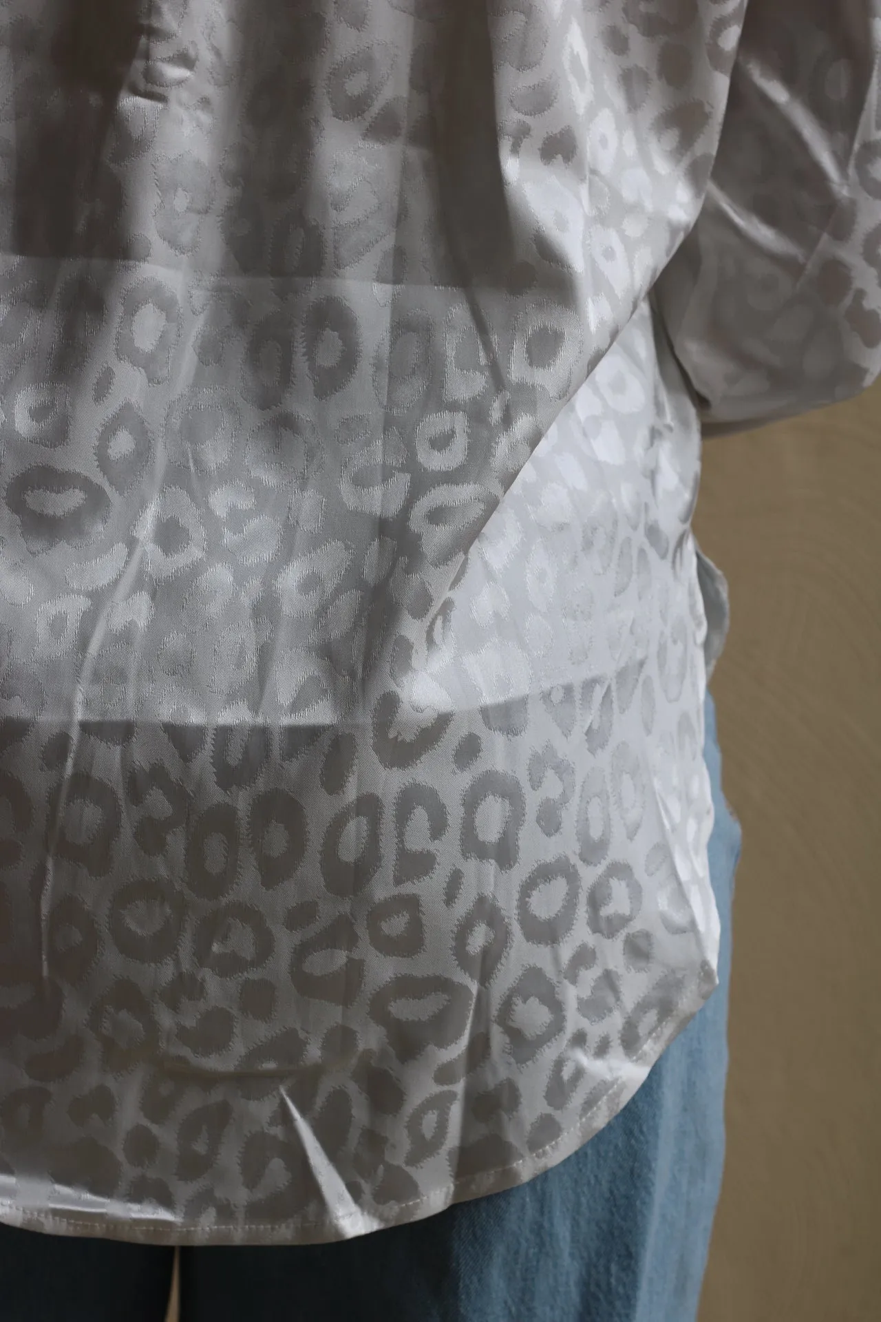 On The Prowl | Satin Leopard Button Down (White)