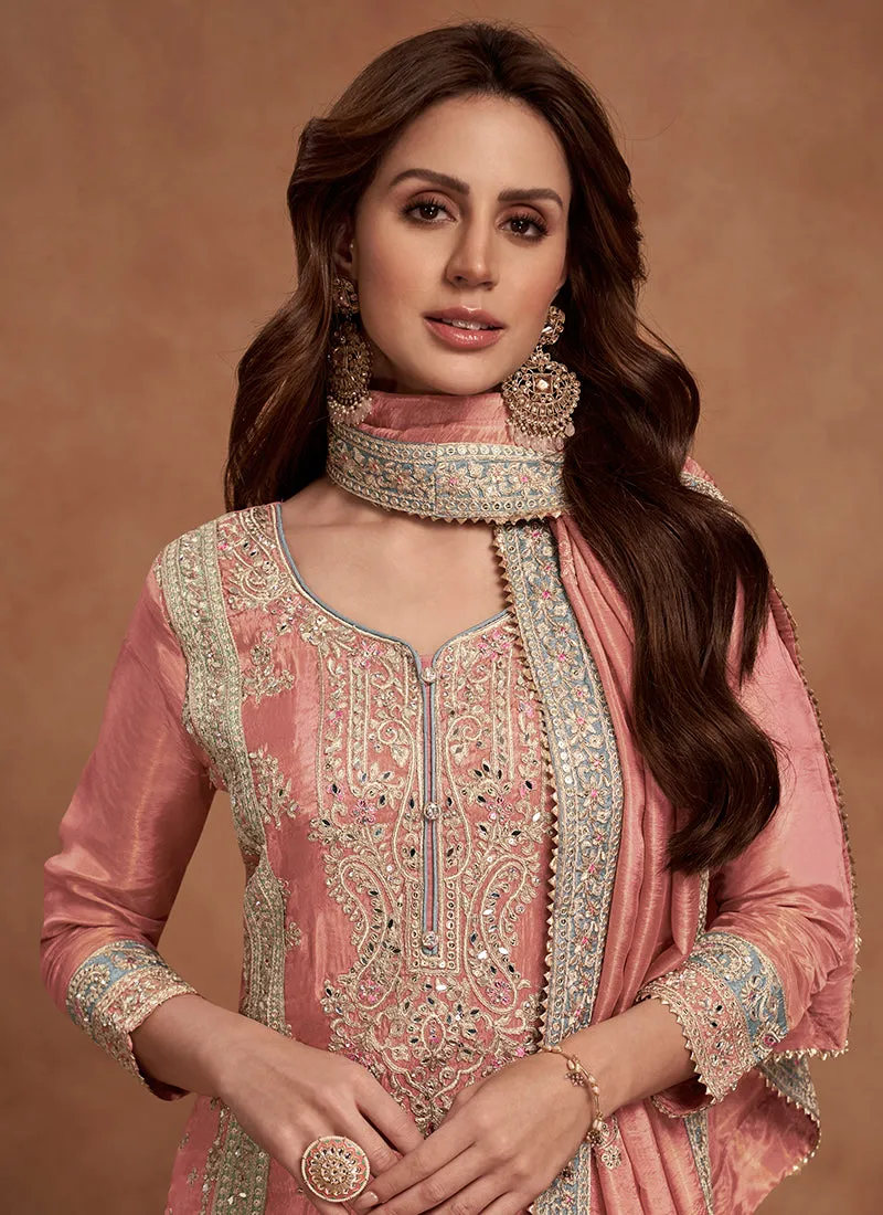 Peach Multi Embroidered Wedding Palazzo Suit