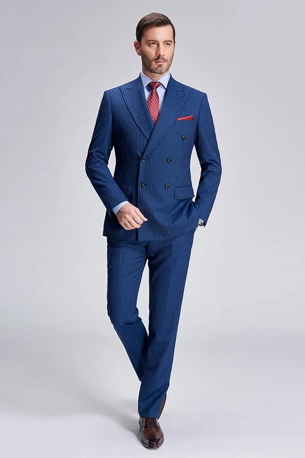 Peak Lapel Blue Mens Suits for Business Stripes Double Breasted Mens Suits