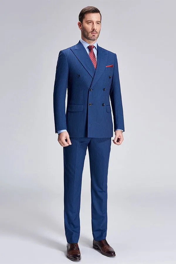 Peak Lapel Blue Mens Suits for Business Stripes Double Breasted Mens Suits