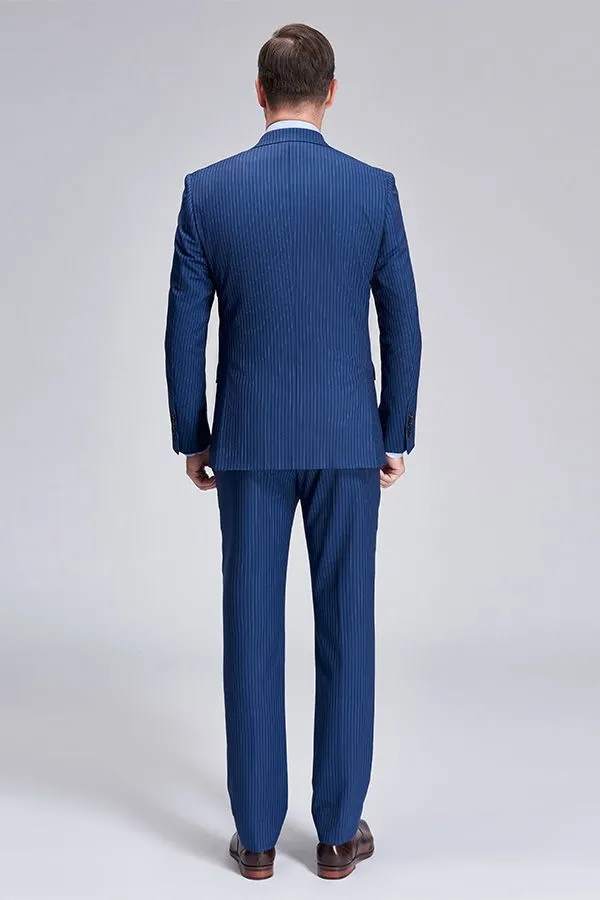 Peak Lapel Blue Mens Suits for Business Stripes Double Breasted Mens Suits