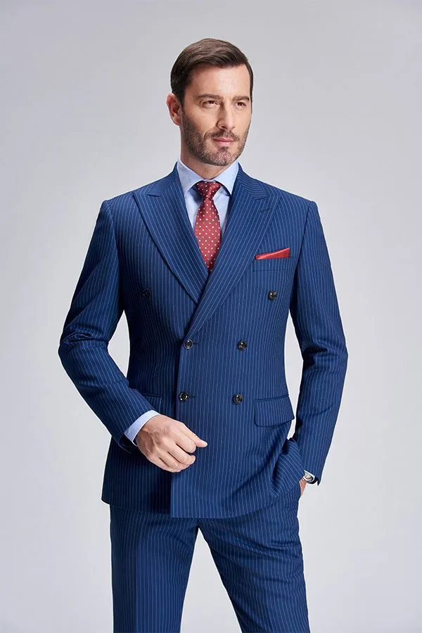 Peak Lapel Blue Mens Suits for Business Stripes Double Breasted Mens Suits