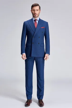 Peak Lapel Blue Mens Suits for Business Stripes Double Breasted Mens Suits