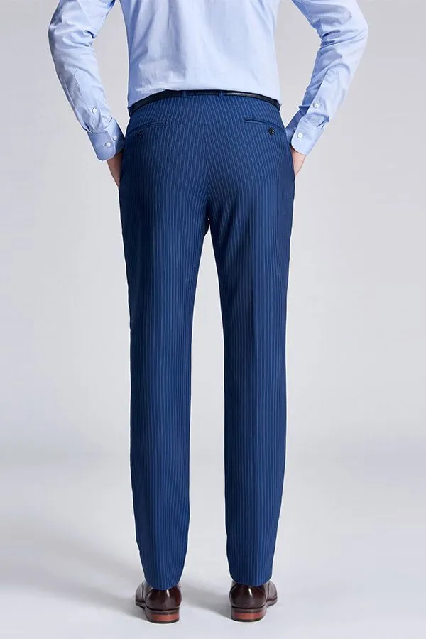 Peak Lapel Blue Mens Suits for Business Stripes Double Breasted Mens Suits