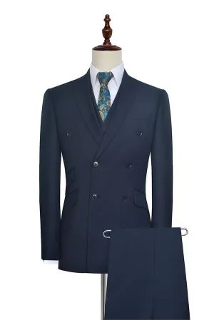 Peak Lapel Double Breasted Business Mens Suits for Formal Three Piece Dark Navy Suits for Men