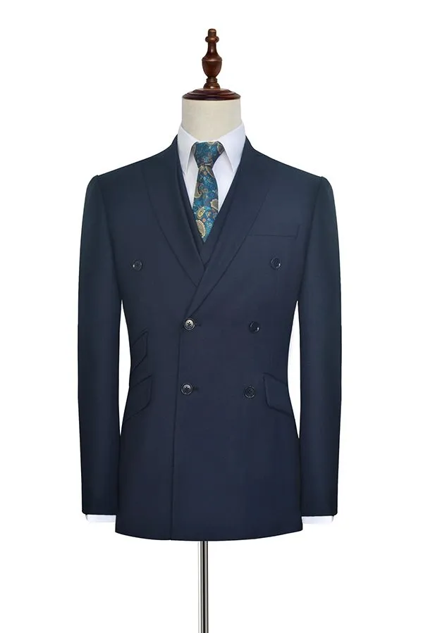 Peak Lapel Double Breasted Business Mens Suits for Formal Three Piece Dark Navy Suits for Men